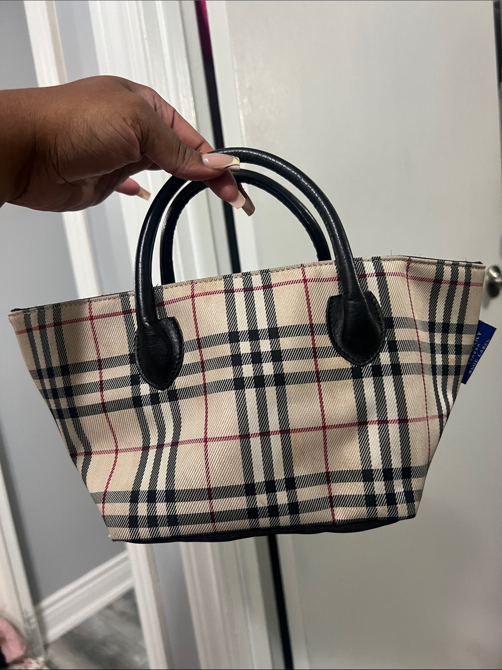 Burberry Beige Black Plaid Small Tote with Black Handles